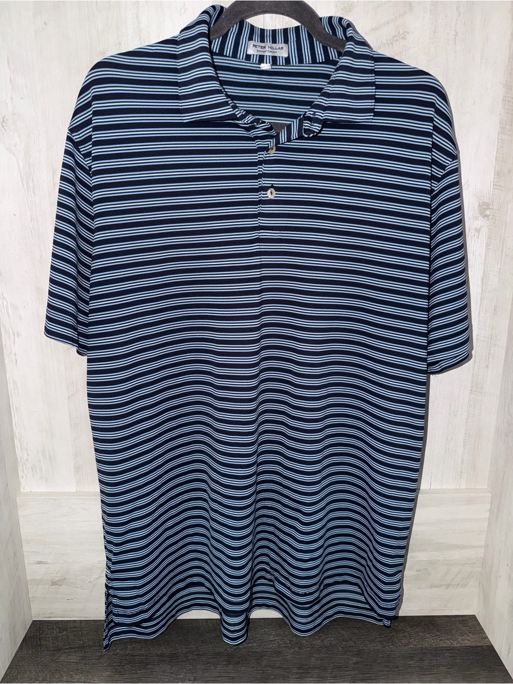 Peter Millar Men's Navy & Light Blue Striped Polo Shirt Summer Comfort Lochnivar